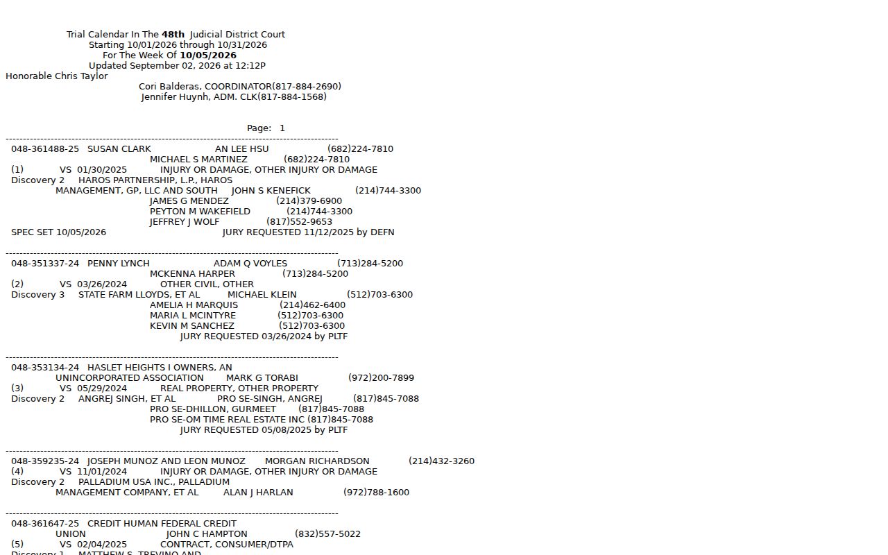Tarrant County court dates and trial calendar fields