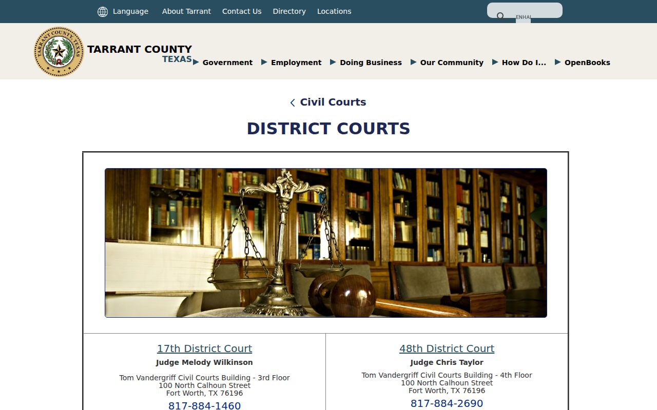 Tarrant County civil docket directory for ten district courts
