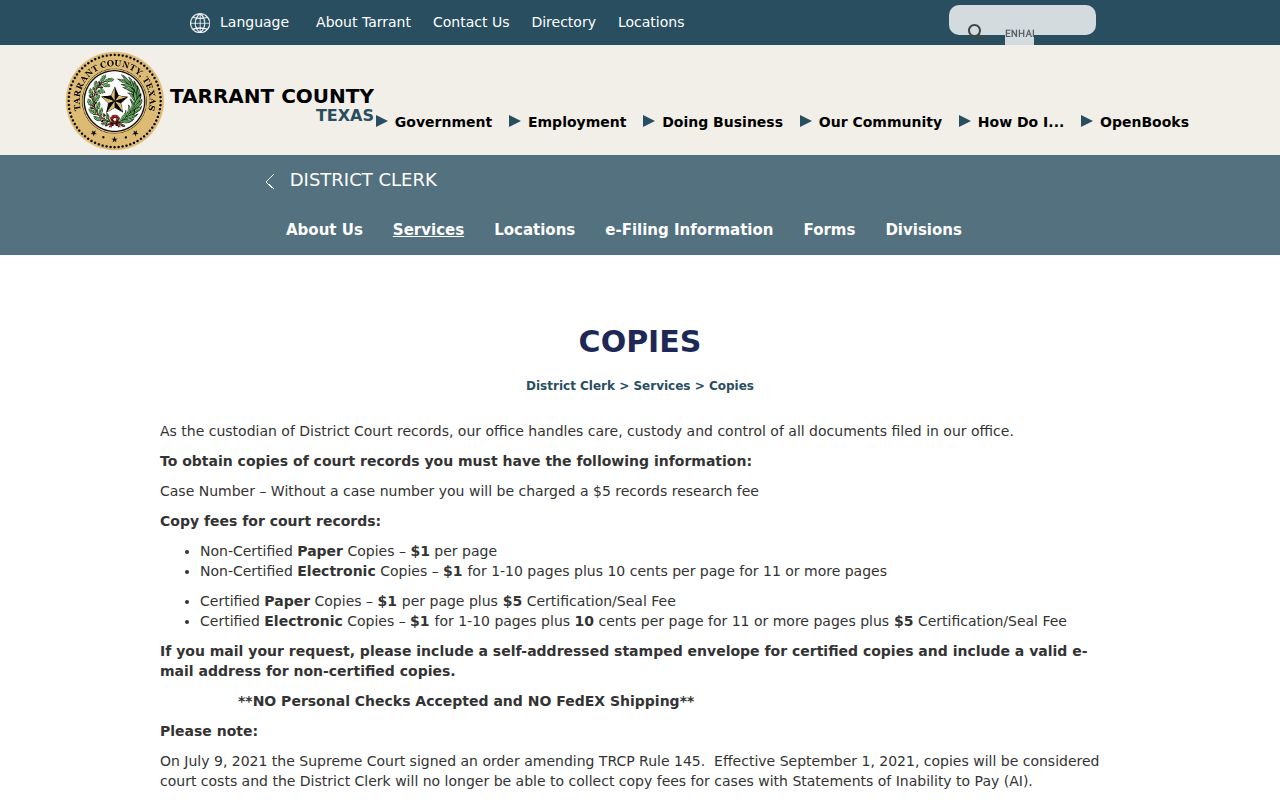 Tarrant County court record copy and research fees