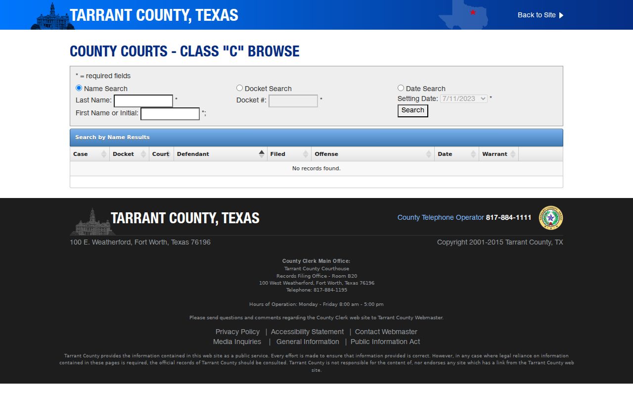Tarrant County traffic ticket lookup landing page