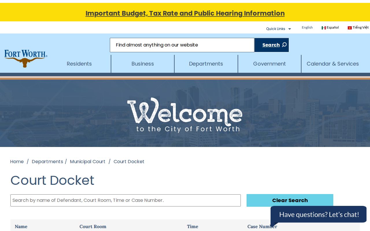 Fort Worth court docket search fields