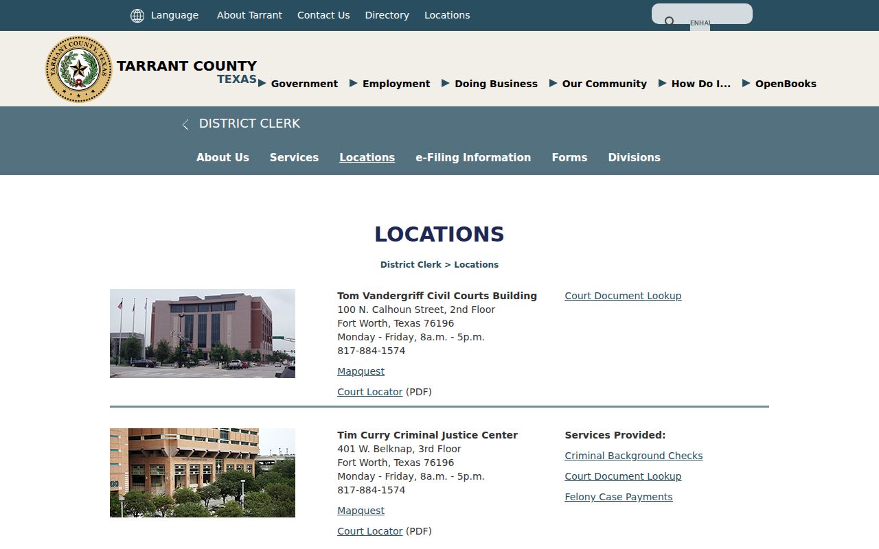 Tarrant County court docket District Clerk locations